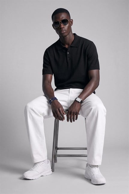 Erkek Relaxed Fit Dökümlü Polo Yaka Triko T-Shirt Siyah