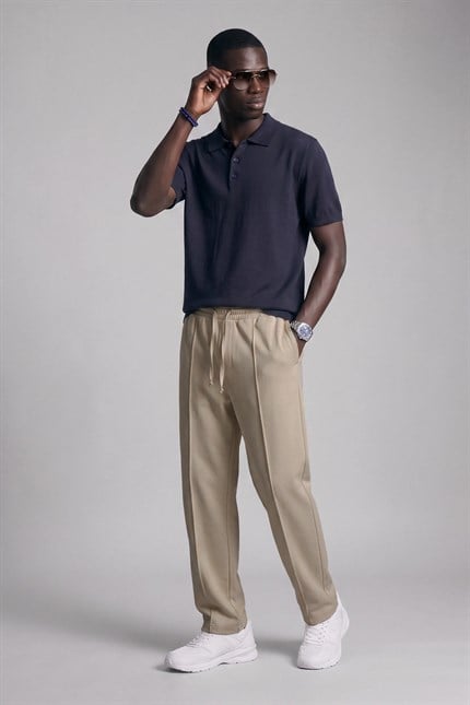 Erkek Relaxed Fit Dökümlü Polo Yaka Triko T-Shirt Lacivert