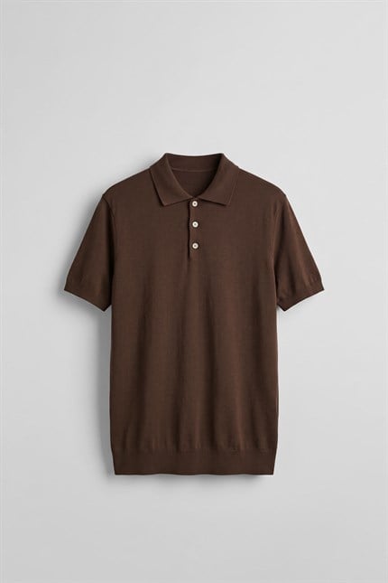 Erkek Relaxed Fit Dökümlü Polo Yaka Triko T-Shirt Kahverengi