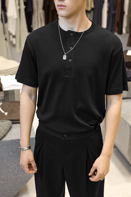 Erkek Relaxed Fit Düğmeli Henley Yaka Basic T-Shirt Siyah