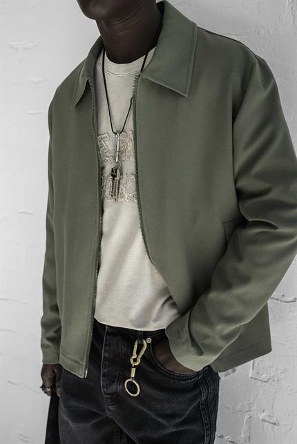 Erkek Relaxed Fit Fermuarlı İnce Ceket Yeşil