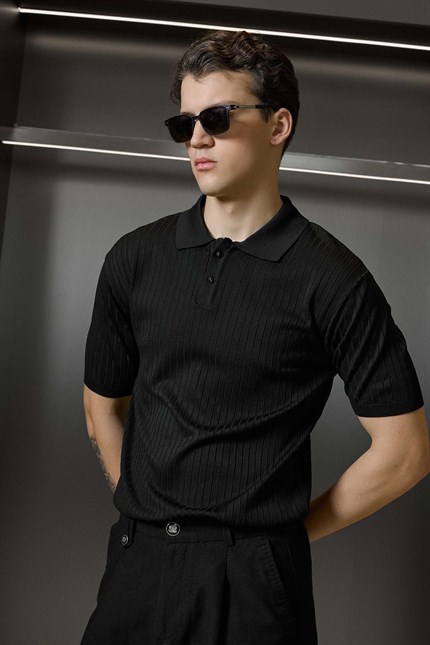 Erkek Relaxed Fit Fitilli Triko Polo Yaka T-Shirt Siyah