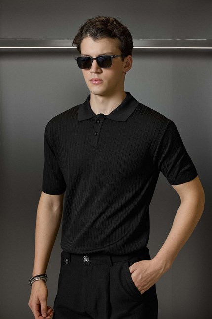 Erkek Relaxed Fit Fitilli Triko Polo Yaka T-Shirt Siyah