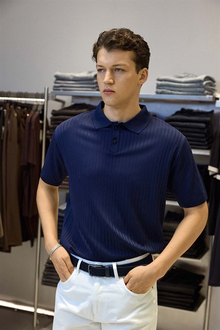 Erkek Relaxed Fit Fitilli Triko Polo Yaka T-Shirt Lacivert