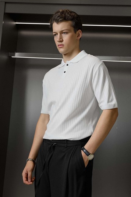 Erkek Relaxed Fit Fitilli Triko Polo Yaka T-Shirt Beyaz