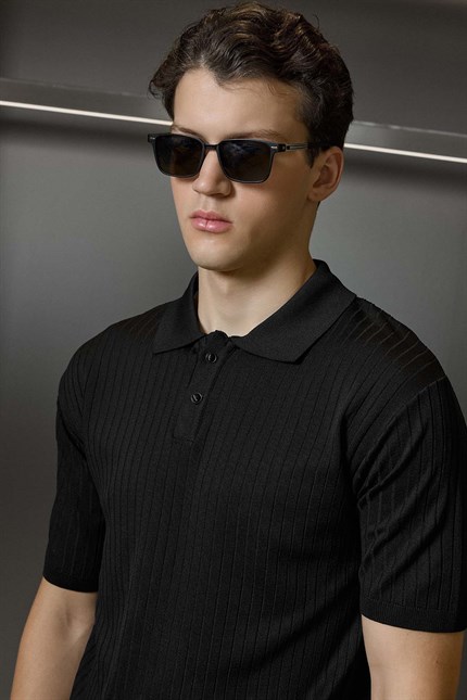 Erkek Relaxed Fit Fitilli Triko Polo Yaka T-Shirt Siyah