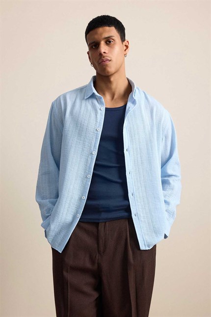 Erkek Relaxed Fit İnce Tekstürlü Gömlek Açık Mavi