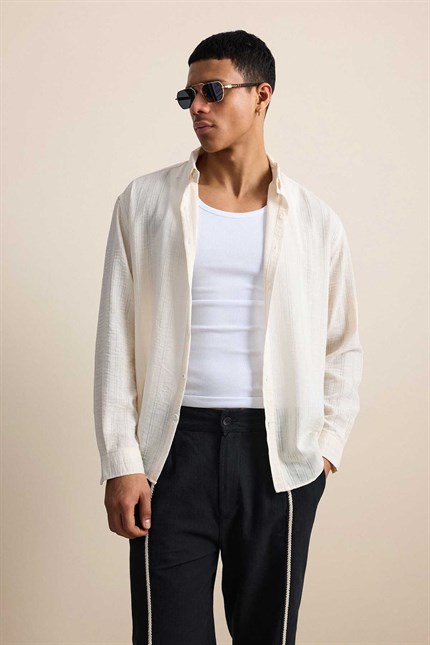 Erkek Relaxed Fit İnce Tekstürlü Gömlek Bej