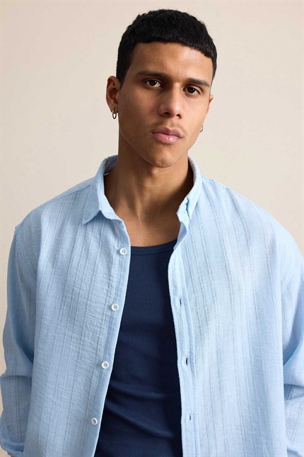 Erkek Relaxed Fit İnce Tekstürlü Gömlek Açık Mavi