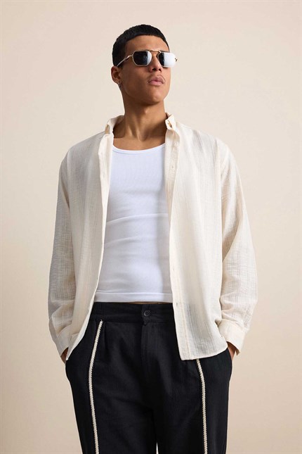 Erkek Relaxed Fit İnce Tekstürlü Gömlek Bej