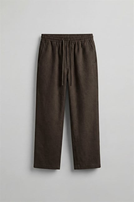 Erkek Relaxed Fit Jakar Desenli Bağcıklı Pantolon Kahverengi
