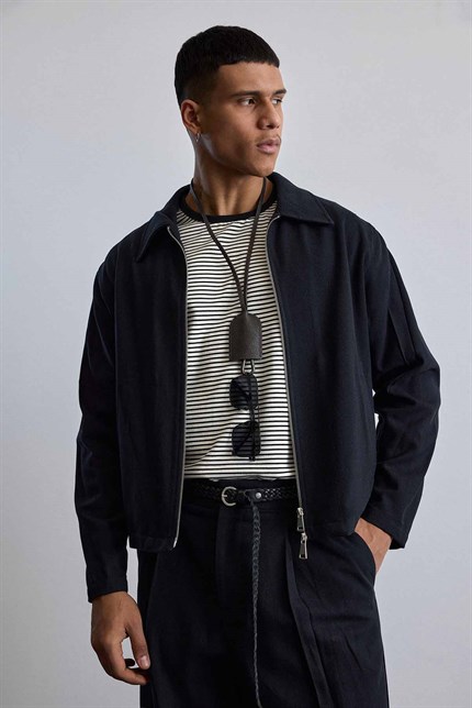 Erkek Relaxed Fit Keten Görünümlü Mevsimlik Ceket Siyah