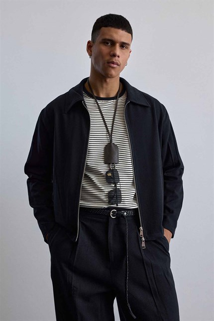 Erkek Relaxed Fit Keten Görünümlü Mevsimlik Ceket Siyah