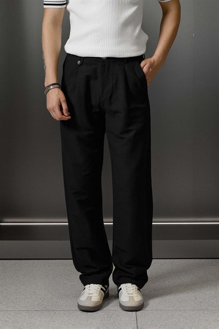 Erkek Relaxed Fit Keten Görünümlü Pantolon Siyah