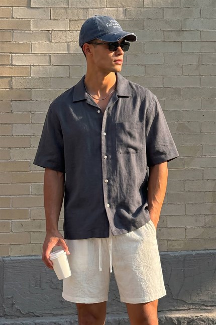 Erkek Relaxed Fit Kısa Kollu Cepli Tencel Gömlek Lacivert
