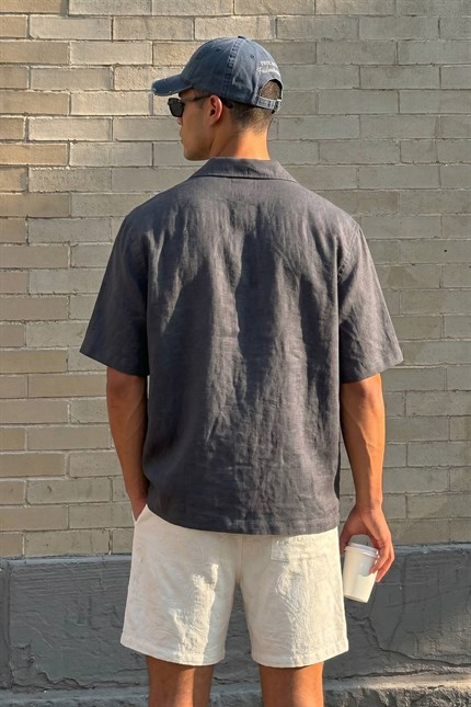 Erkek Relaxed Fit Kısa Kollu Cepli Tencel Gömlek Lacivert