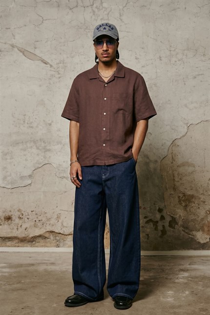 Erkek Relaxed Fit Kısa Kollu Cepli Tencel Gömlek Bordo