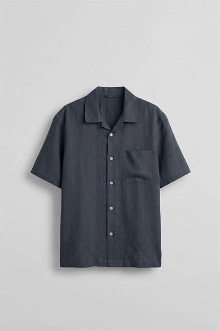 Erkek Relaxed Fit Kısa Kollu Cepli Tencel Gömlek Lacivert