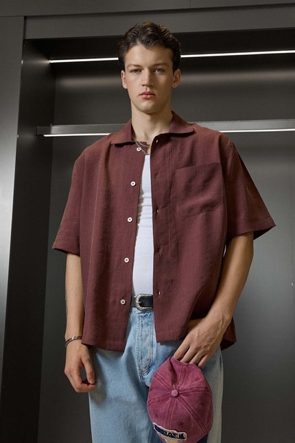 Erkek Relaxed Fit Kısa Kollu Cepli Tencel Gömlek Bordo
