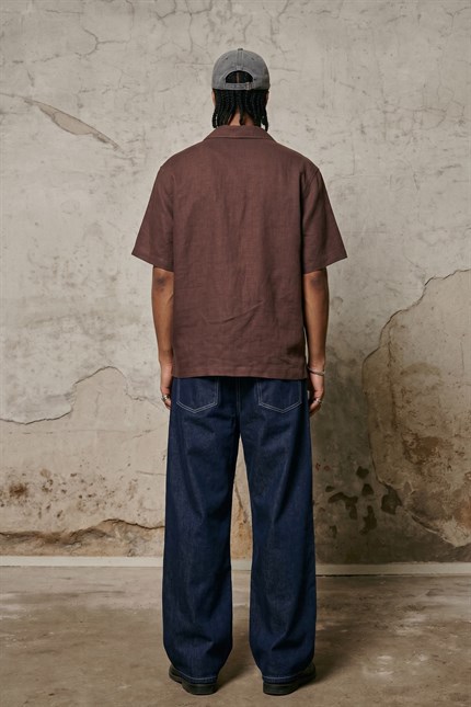Erkek Relaxed Fit Kısa Kollu Cepli Tencel Gömlek Bordo