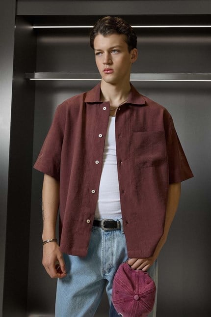 Erkek Relaxed Fit Kısa Kollu Cepli Tencel Gömlek Bordo