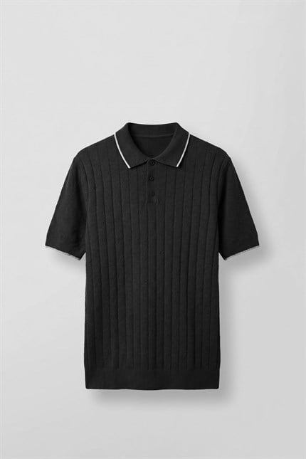 Erkek Relaxed Fit Pamuklu Havlu Polo Yaka Triko T-Shirt Siyah