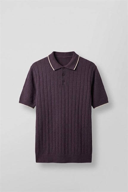 Erkek Relaxed Fit Pamuklu Havlu Polo Yaka Triko T-Shirt Mürdüm