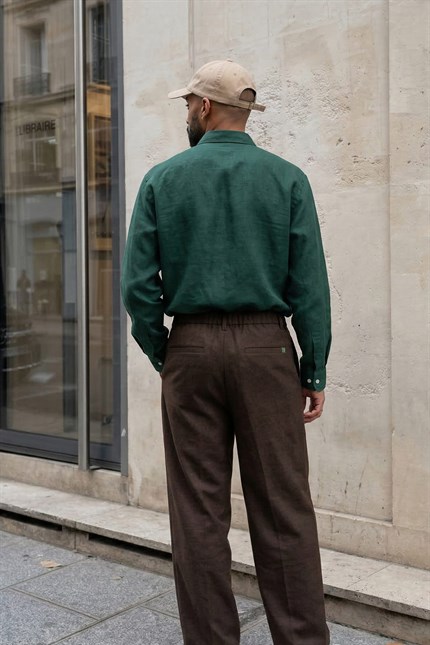 Erkek Relaxed Fit Pile Detaylı Premium Kumaş Pantolon Kahverengi