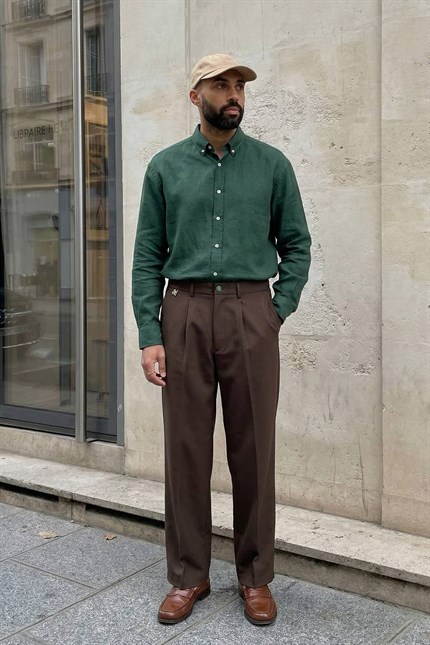 Erkek Relaxed Fit Pile Detaylı Premium Kumaş Pantolon Kahverengi