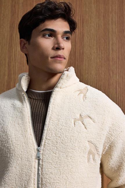 Erkek Relaxed Fit Premium Sherpa Nakış Detaylı Fermuarlı Ceket Bej