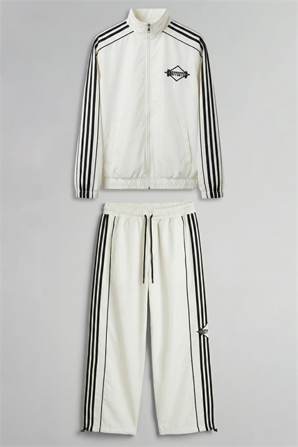 Erkek Relaxed Fit Şeritli Spor Eşofman Takımı Ekru
