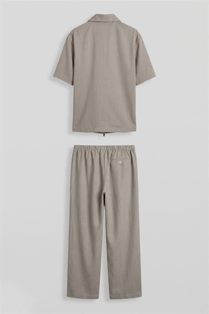 Erkek Relaxed Fit Tencel Fermuarlı Gömlek Pantolon Takımı Bej