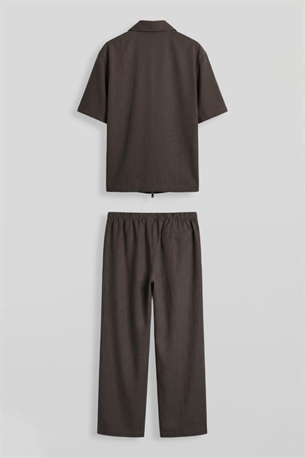 Erkek Relaxed Fit Tencel Fermuarlı Gömlek Pantolon Takımı Kahverengi