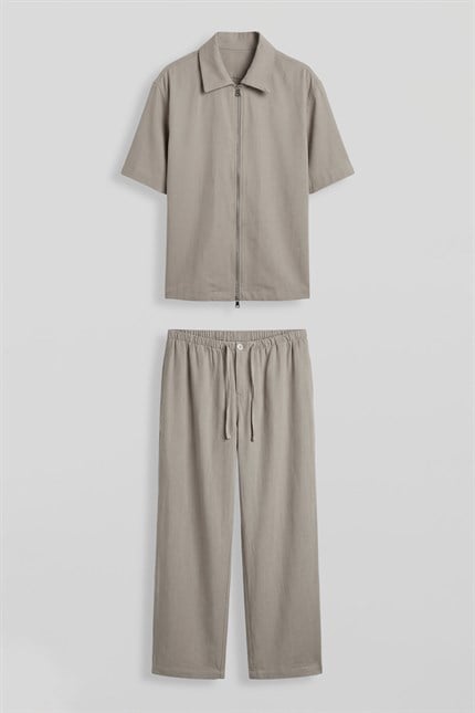 Erkek Relaxed Fit Tencel Fermuarlı Gömlek Pantolon Takımı Bej