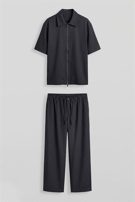 Erkek Relaxed Fit Tencel Fermuarlı Gömlek Pantolon Takımı Lacivert