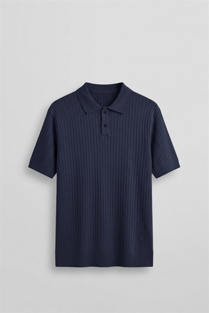 Erkek Relaxed Fit Fitilli Triko Polo Yaka T-Shirt Lacivert
