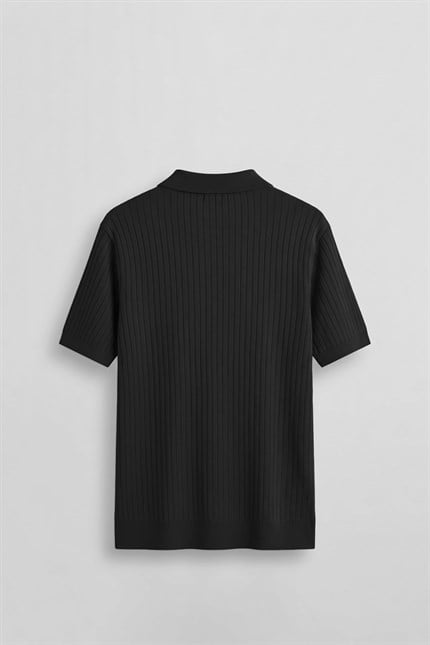 Erkek Relaxed Fit Fitilli Triko Polo Yaka T-Shirt Siyah
