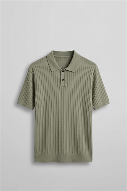 Erkek Relaxed Fit Fitilli Triko Polo Yaka T-Shirt Haki