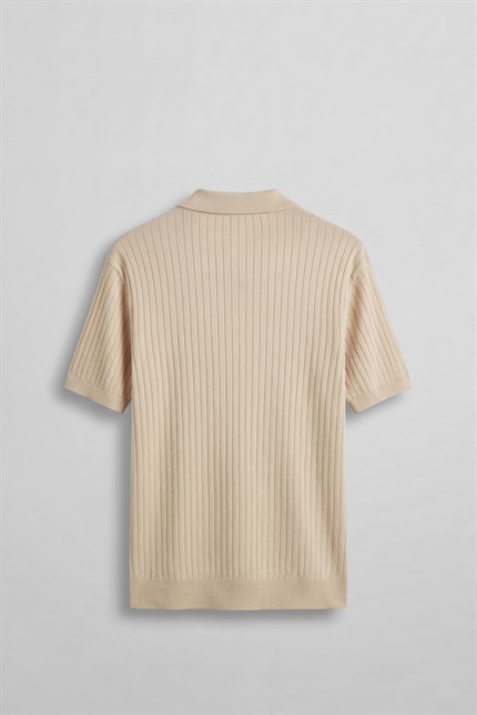 Erkek Relaxed Fit Fitilli Triko Polo Yaka T-Shirt Bej