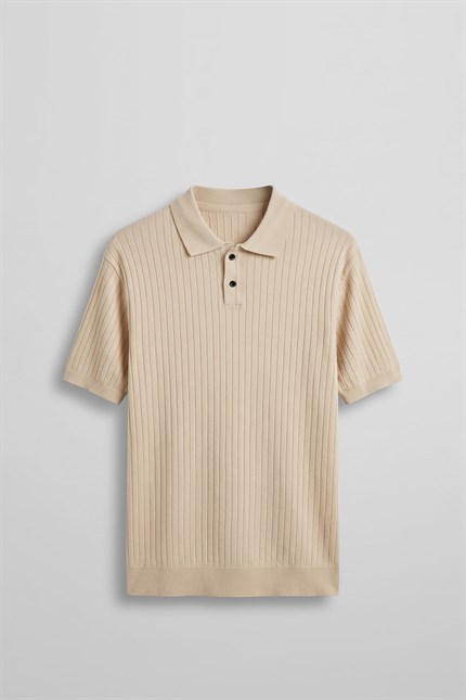 Erkek Relaxed Fit Fitilli Triko Polo Yaka T-Shirt Bej