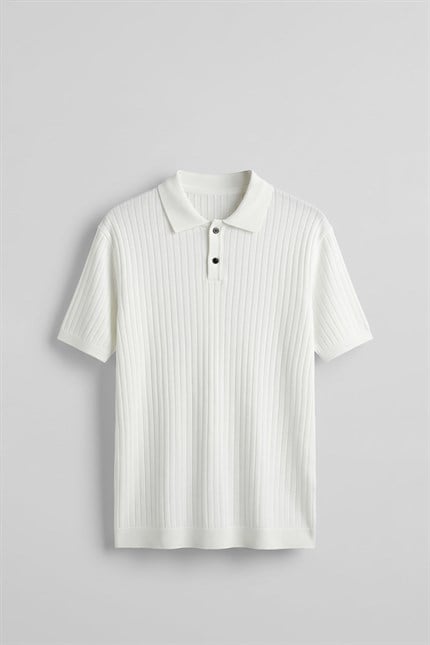 Erkek Relaxed Fit Fitilli Triko Polo Yaka T-Shirt Beyaz