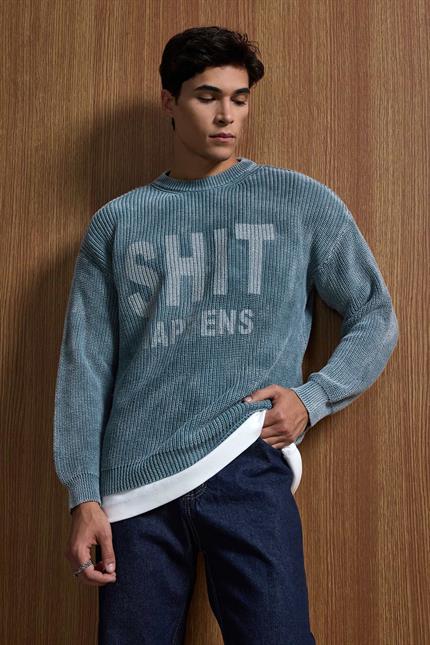 Erkek Relaxed Fit Yıkamalı Örme Kazak %100 Pamuk Gri