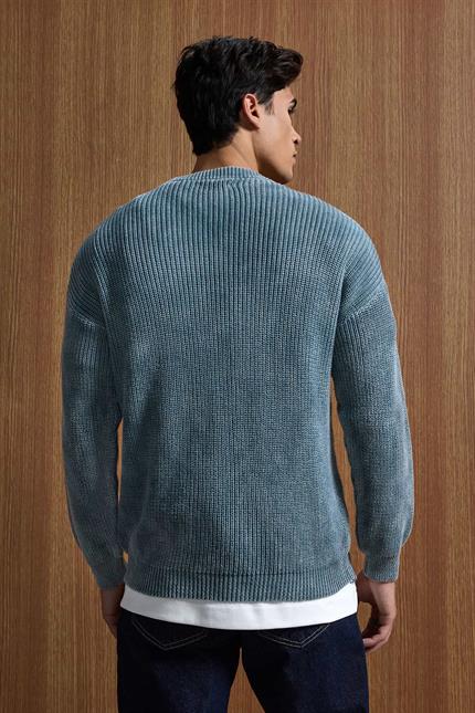 Erkek Relaxed Fit Yıkamalı Örme Kazak %100 Pamuk Gri