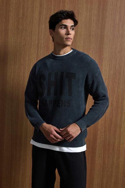 Erkek Relaxed Fit Yıkamalı Örme Kazak %100 Pamuk Siyah