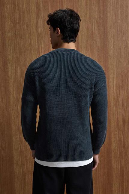 Erkek Relaxed Fit Yıkamalı Örme Kazak %100 Pamuk Siyah