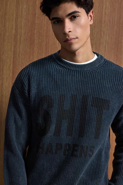 Erkek Relaxed Fit Yıkamalı Örme Kazak %100 Pamuk Siyah