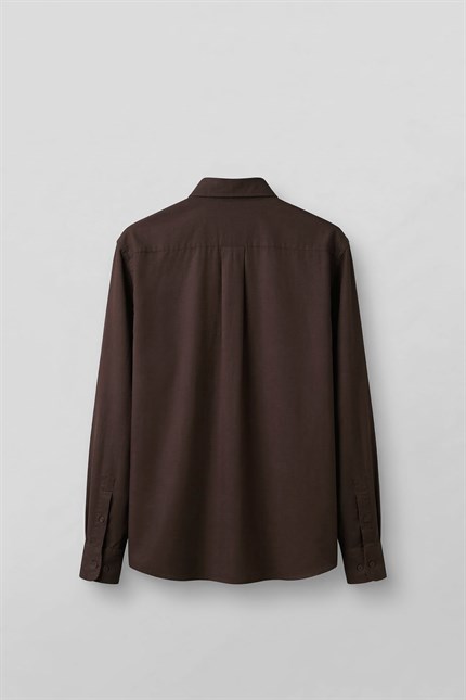 Erkek Relaxed Minimal Nakışlı Basic Tencel Gömlek Kahverengi