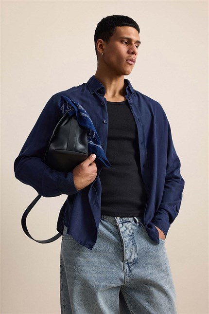 Erkek Relaxed Minimal Nakışlı Basic Tencel Gömlek Lacivert