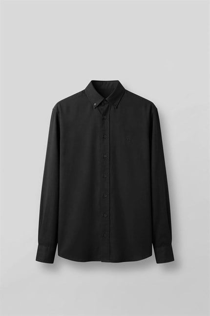 Erkek Relaxed Minimal Nakışlı Basic Tencel Gömlek Siyah