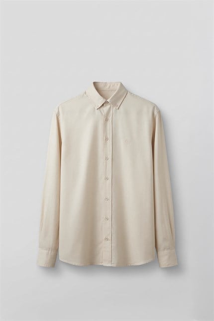 Erkek Relaxed Minimal Nakışlı Basic Tencel Gömlek Bej